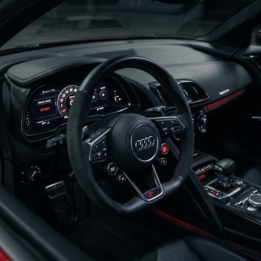 Premium luxury car steering wheel and dashboard