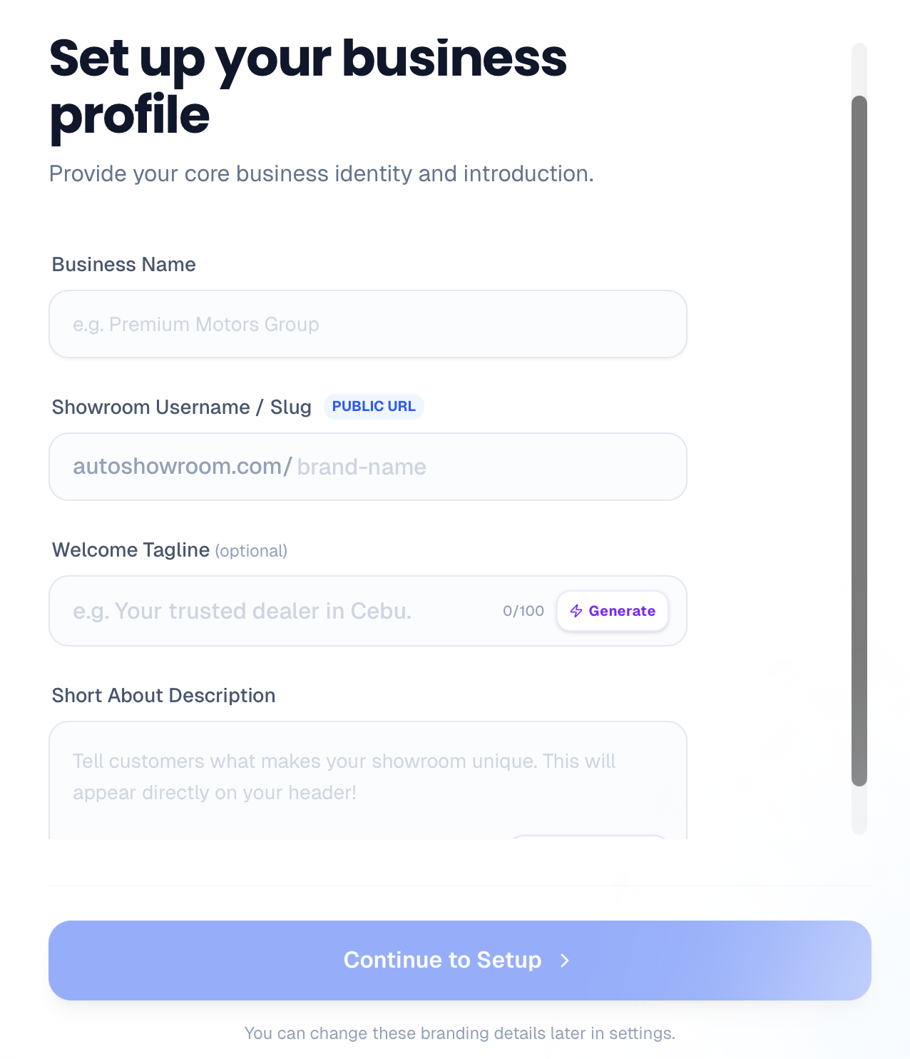 Set up your business profile form