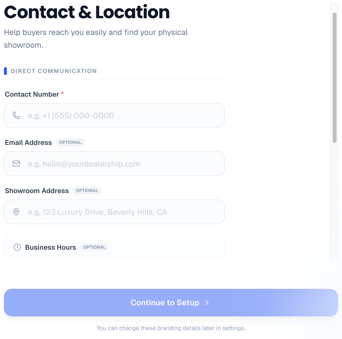 Contact and Location setup form