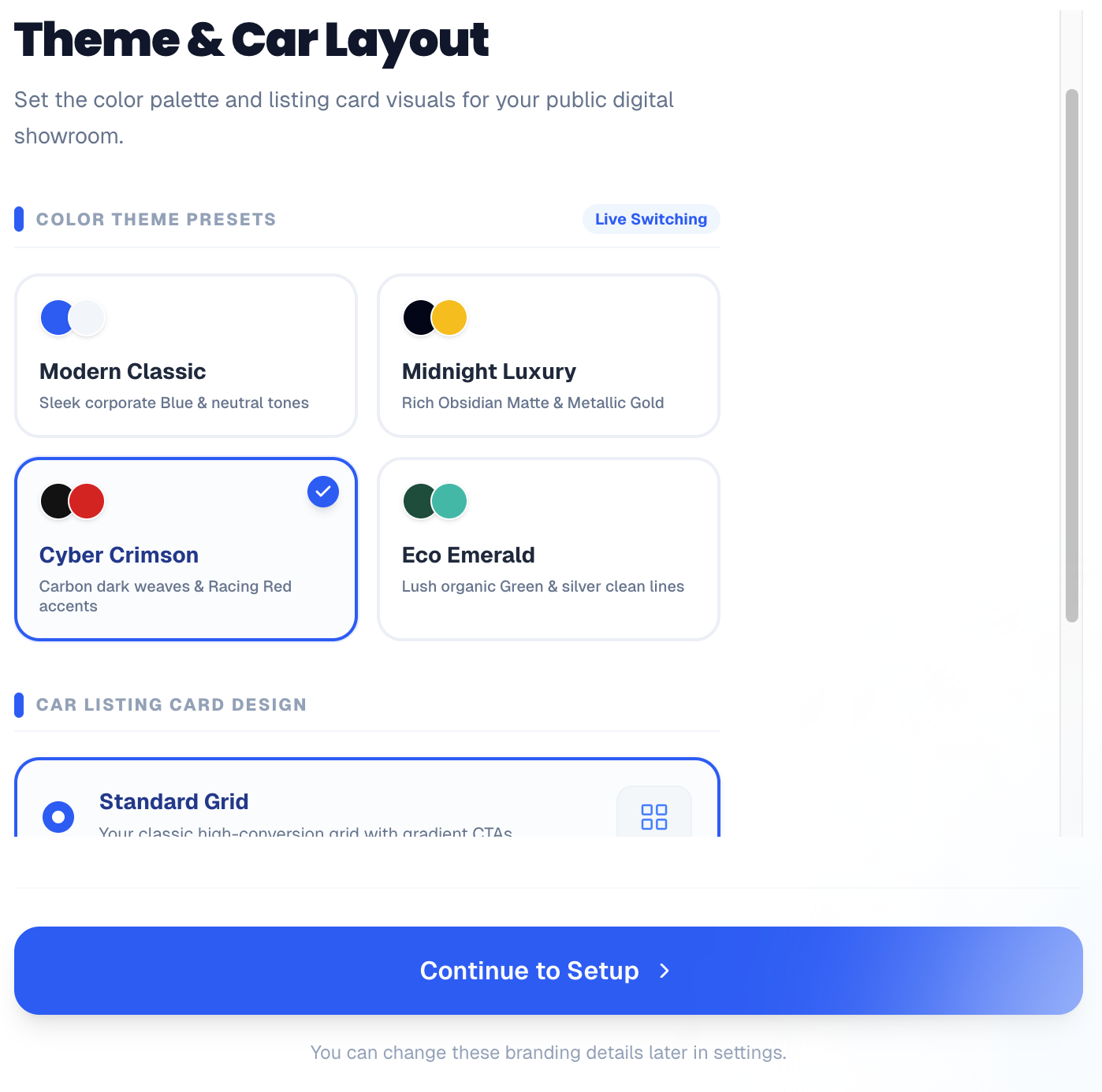 Theme and Car Layout selection